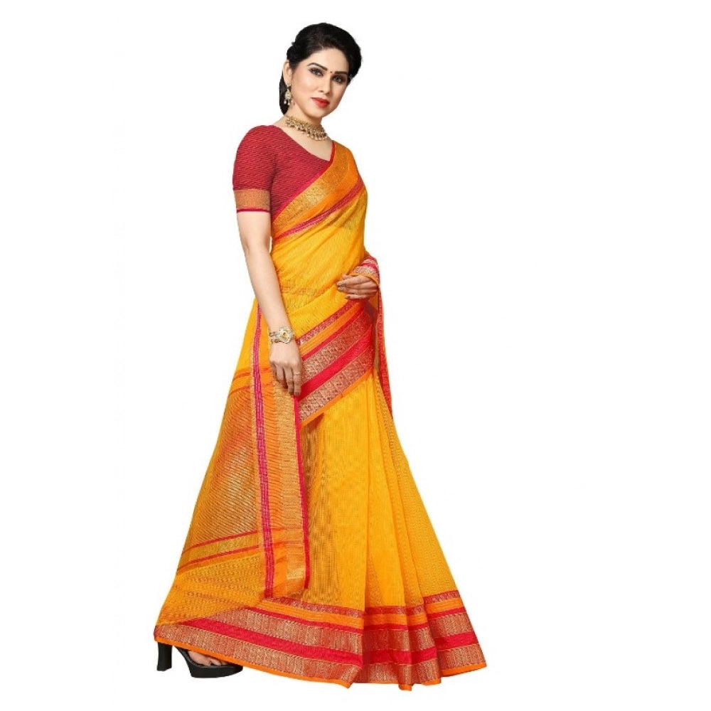 Snuggle Spot Women's Kota Doria Cotton Border Saree With Blouse (Gold, 5-6 Mtrs)
