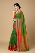 Snuggle Spot Women's Kota Doria Cotton Border Saree With Blouse (Green, 5-6 Mtrs)