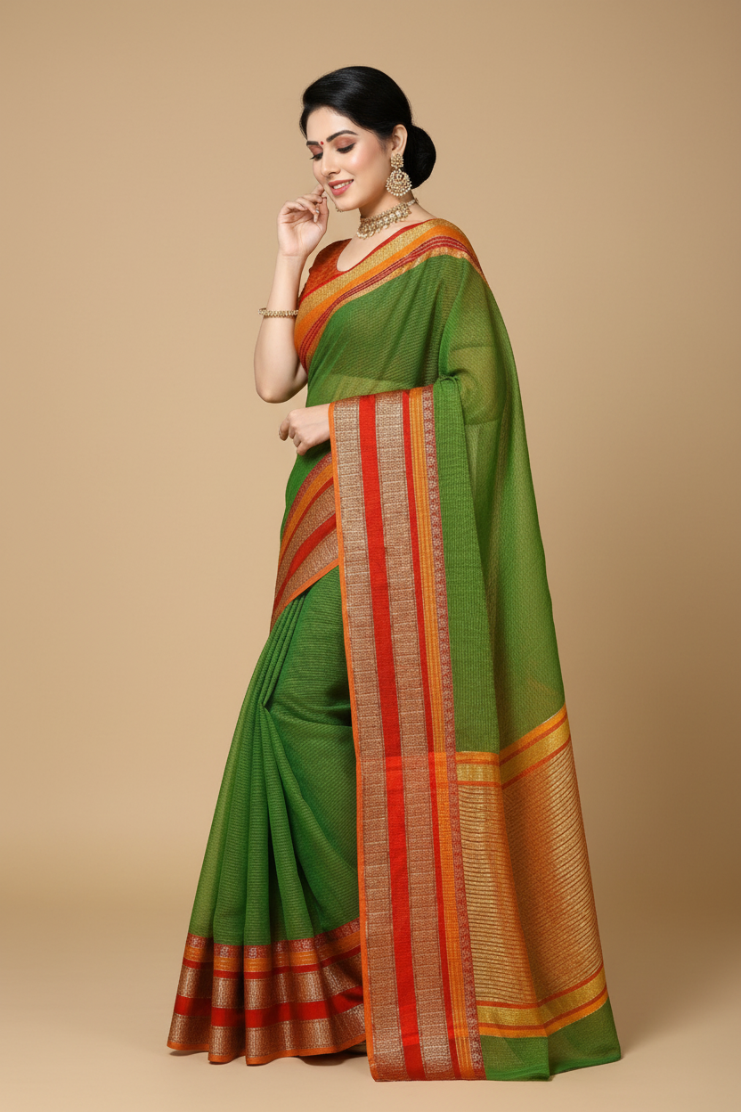 Snuggle Spot Women's Kota Doria Cotton Border Saree With Blouse (Green, 5-6 Mtrs)