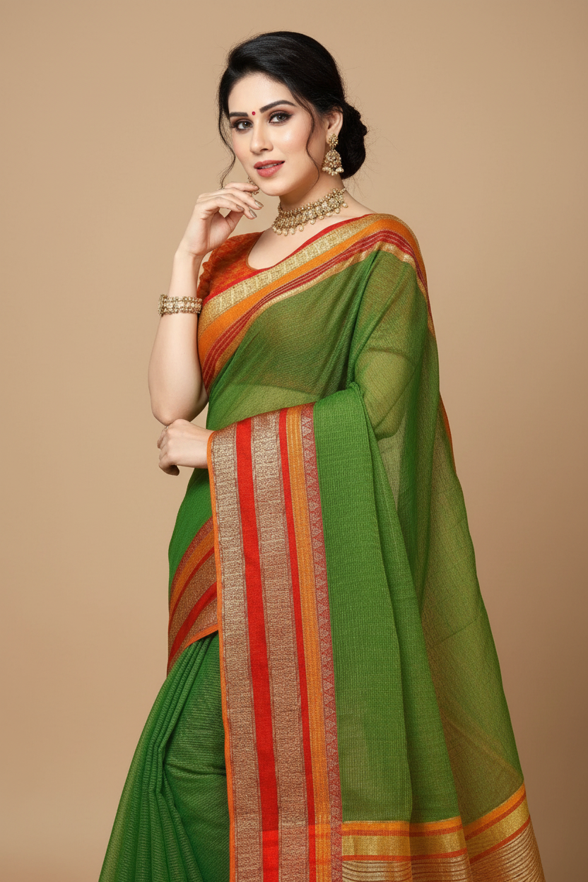 Snuggle Spot Women's Kota Doria Cotton Border Saree With Blouse (Green, 5-6 Mtrs)