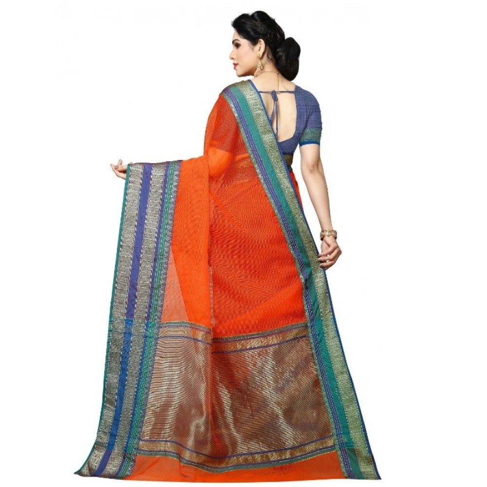 Snuggle Spot Women's Kota Doria Cotton Border Saree With Blouse (Fanta, 5-6 Mtrs)