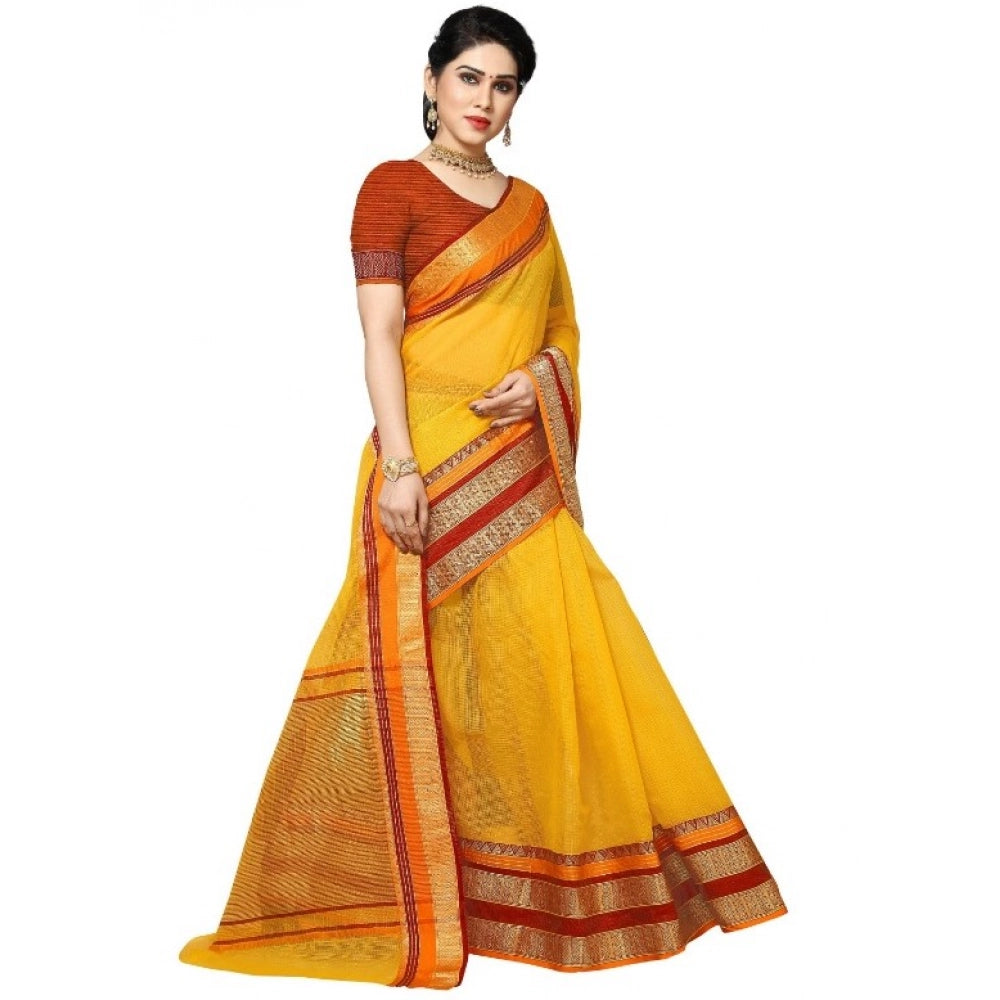 Snuggle Spot Women's Kota Doria Cotton Border Saree With Blouse (Yellow, 5-6 Mtrs)