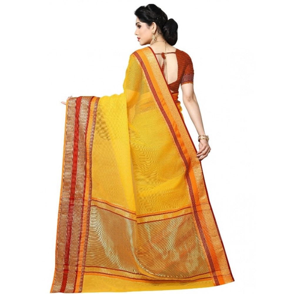 Snuggle Spot Women's Kota Doria Cotton Border Saree With Blouse (Yellow, 5-6 Mtrs)