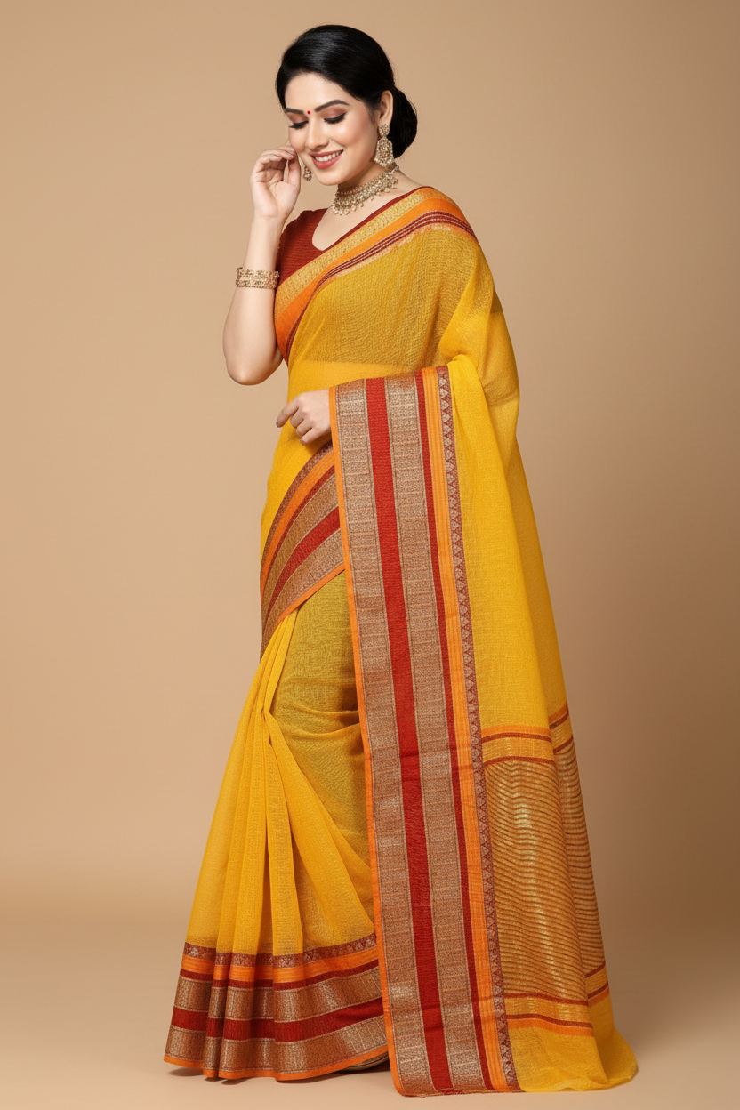 Snuggle Spot Women's Kota Doria Cotton Border Saree With Blouse (Yellow, 5-6 Mtrs)