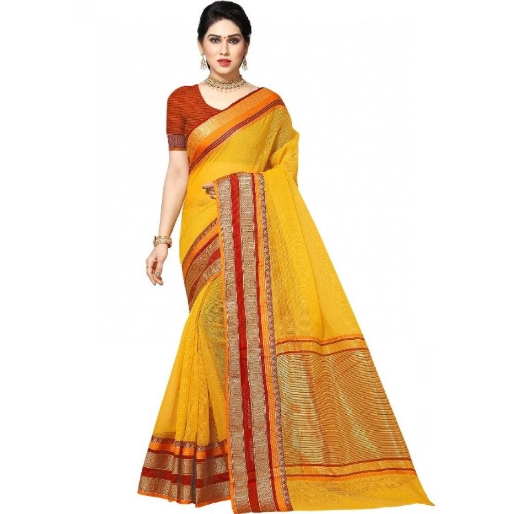 Snuggle Spot Women's Kota Doria Cotton Border Saree With Blouse (Yellow, 5-6 Mtrs)