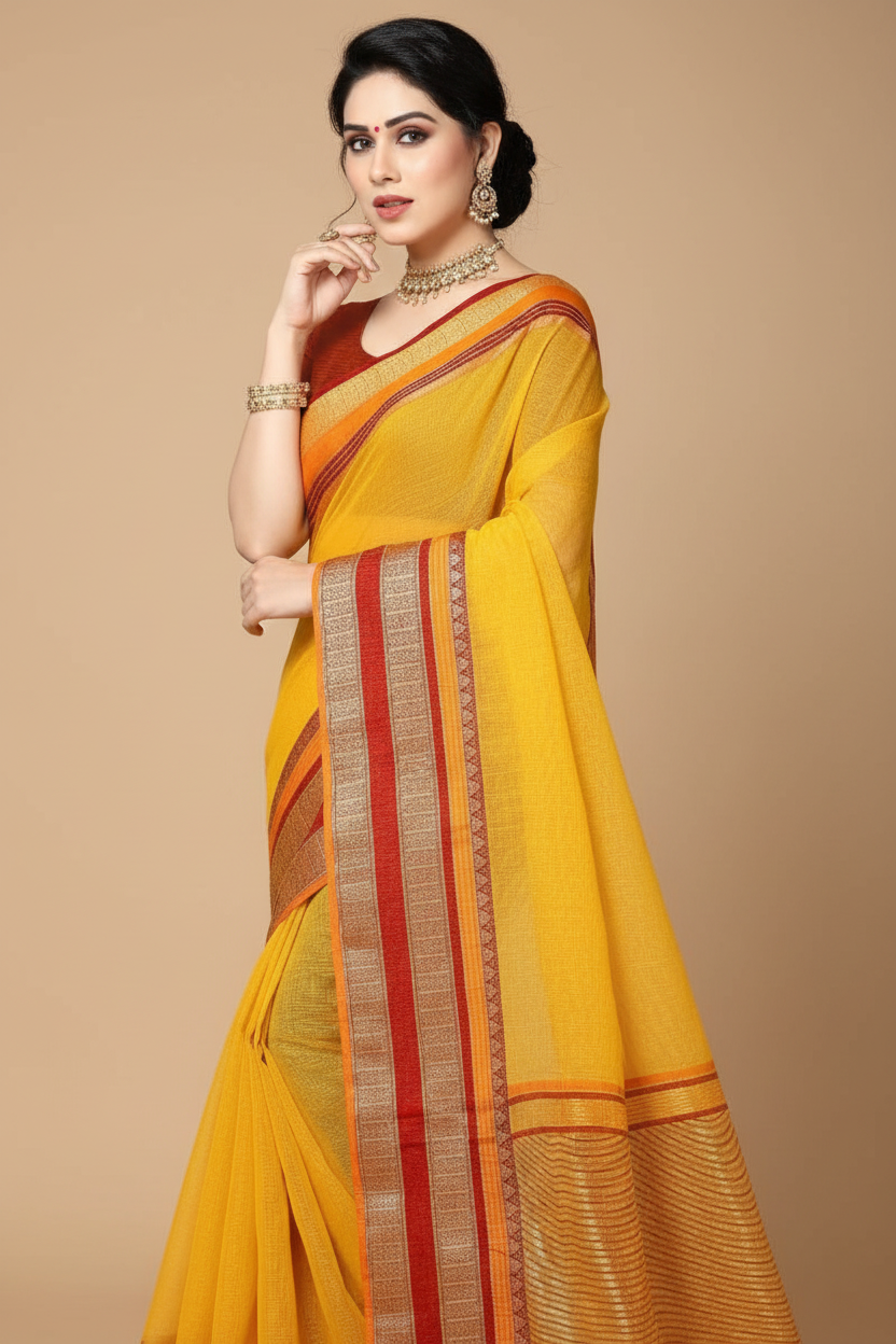 Snuggle Spot Women's Kota Doria Cotton Border Saree With Blouse (Yellow, 5-6 Mtrs)