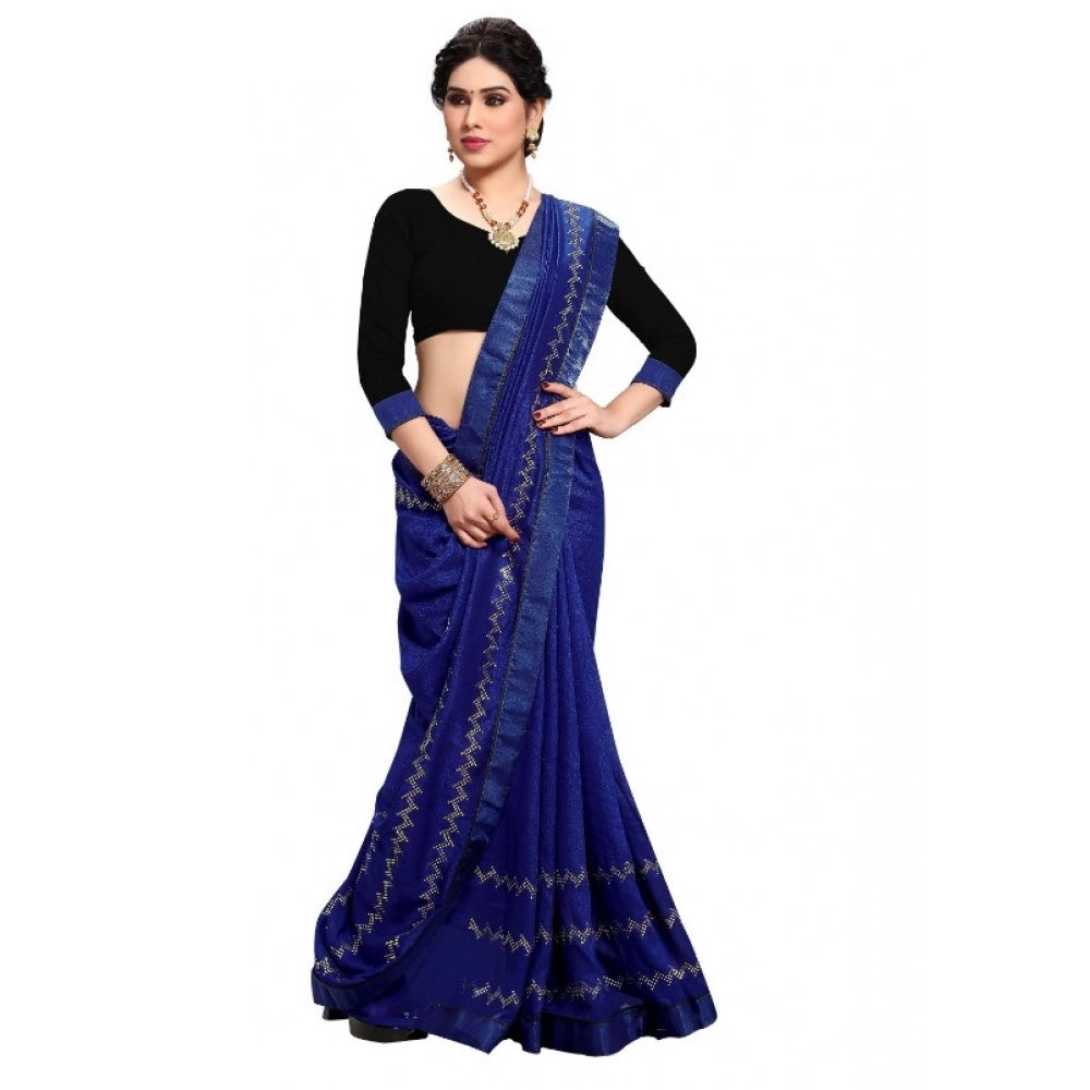 Snuggle Spot Women's Vichitra Silk HotFix Stone Work Saree With Blouse (Blue, 5-6 Mtrs)
