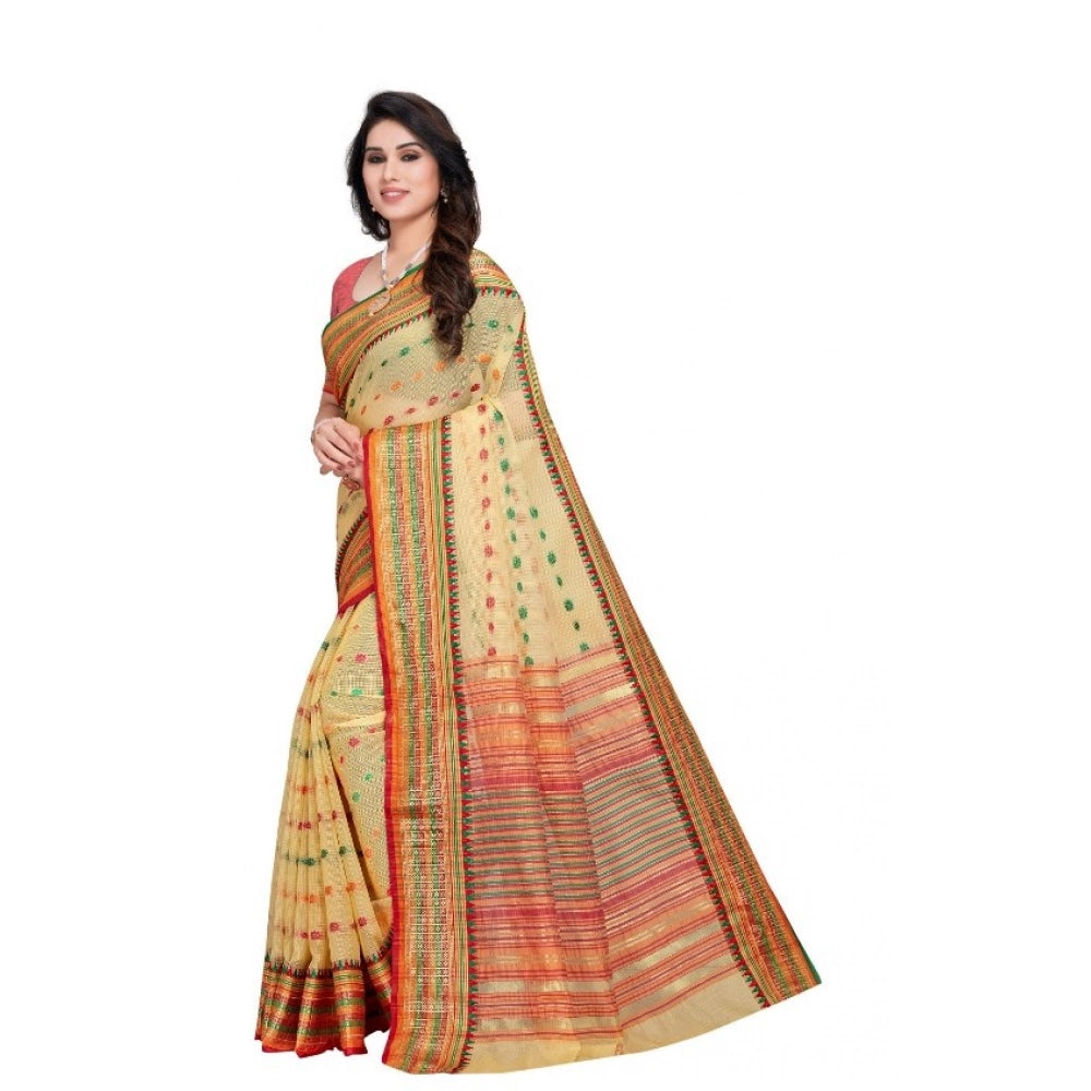Snuggle Spot Women's Kota Doria Cotton Woven Butta Saree With Blouse (Beige, 5-6 Mtrs)
