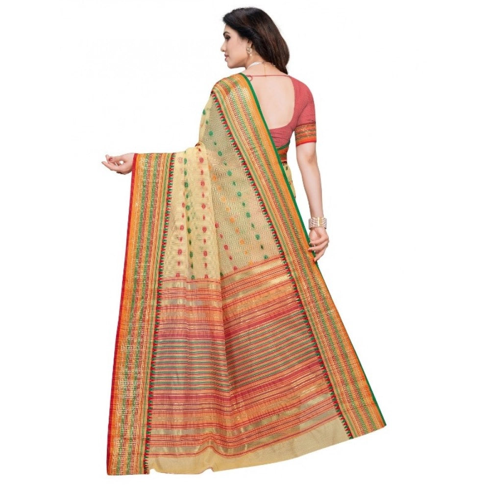 Snuggle Spot Women's Kota Doria Cotton Woven Butta Saree With Blouse (Beige, 5-6 Mtrs)