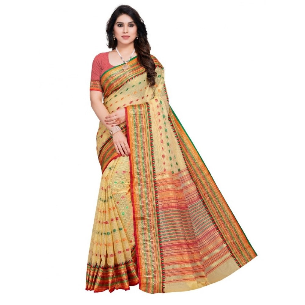 Snuggle Spot Women's Kota Doria Cotton Woven Butta Saree With Blouse (Beige, 5-6 Mtrs)