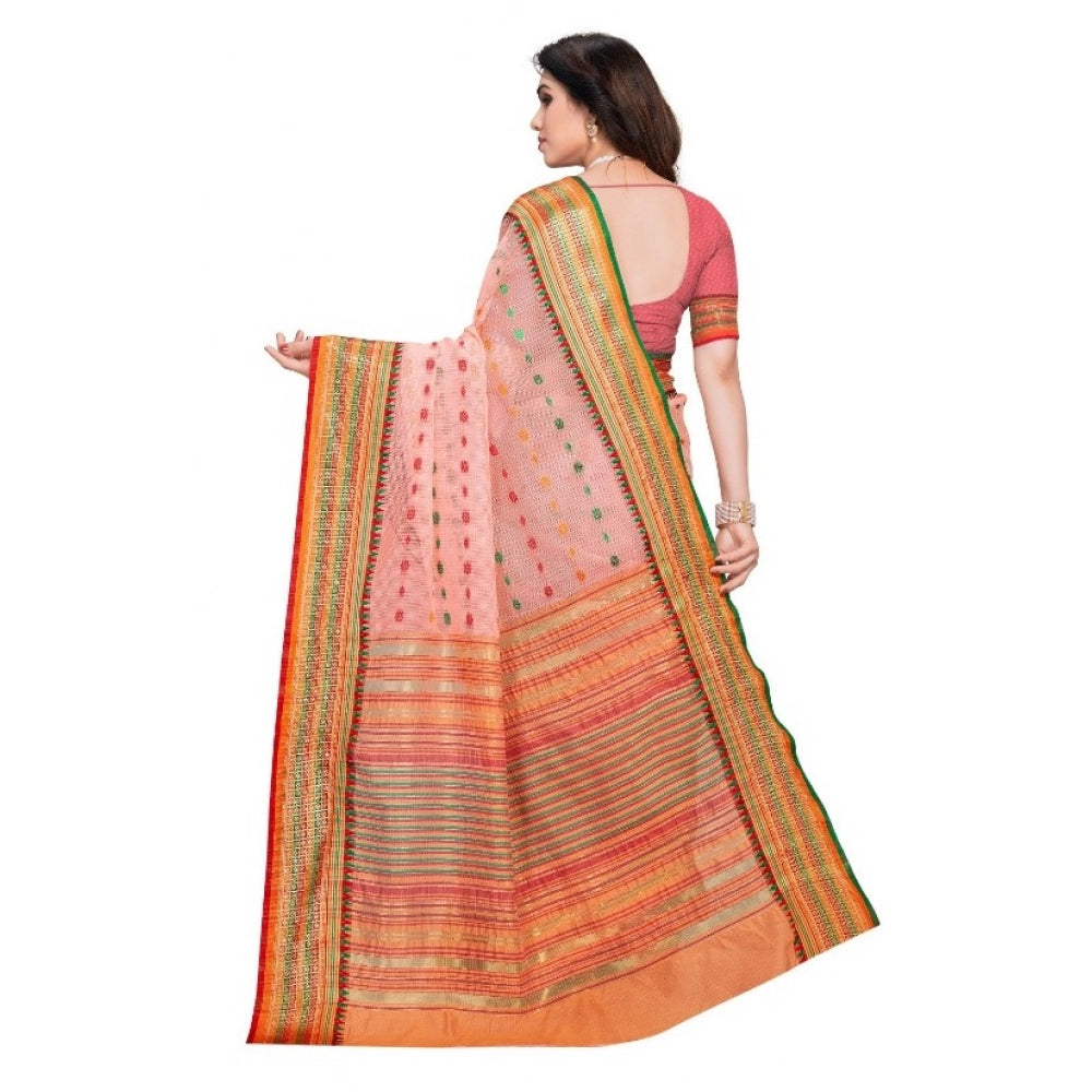 Snuggle Spot Women's Kota Doria Cotton Woven Butta Saree With Blouse (Peach, 5-6 Mtrs)
