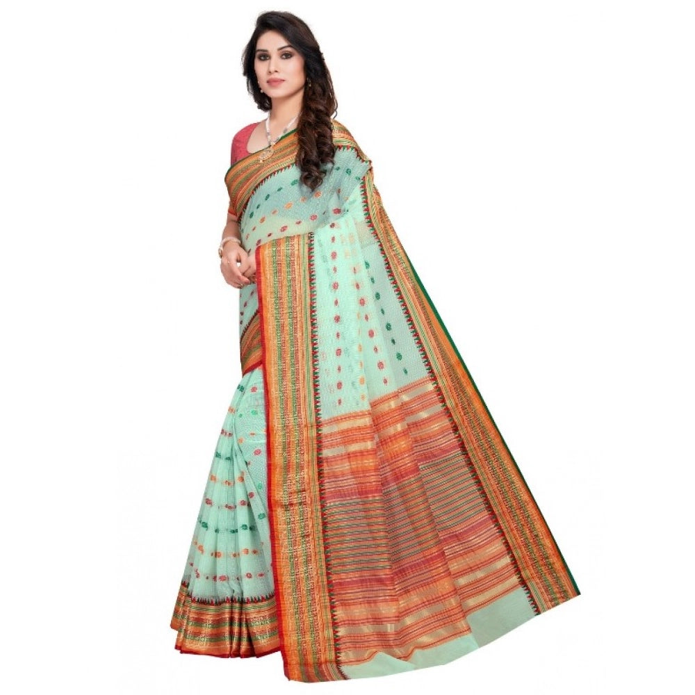 Snuggle Spot Women's Kota Doria Cotton Woven Butta Saree With Blouse (Pista, 5-6 Mtrs)
