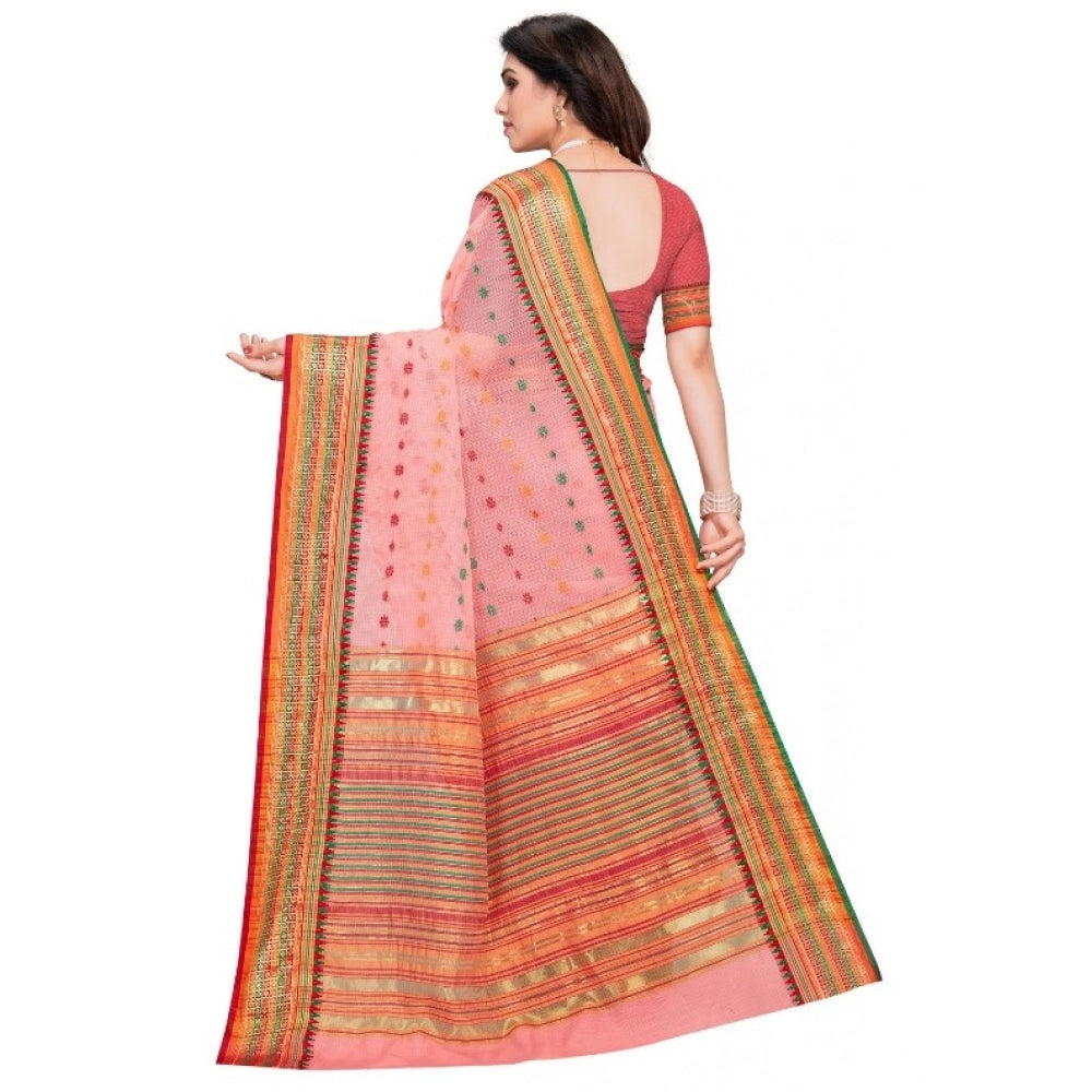 Snuggle Spot Women's Kota Doria Cotton Woven Butta Saree With Blouse (Pink, 5-6 Mtrs)