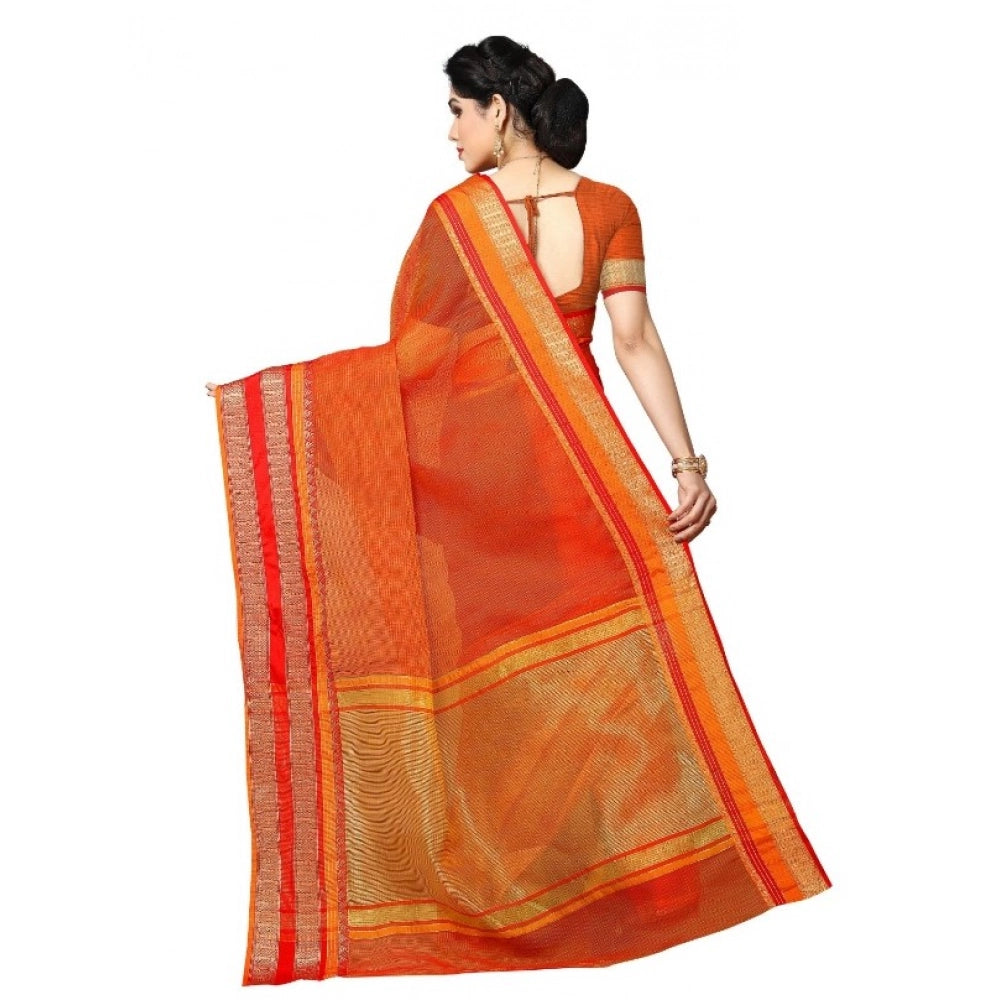 Snuggle Spot Women's Kota Doria Cotton Border Saree With Blouse (Orange, 5-6 Mtrs)