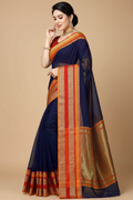 Snuggle Spot Women's Kota Doria Cotton Border Saree With Blouse (Navy Blue, 5-6 Mtrs)