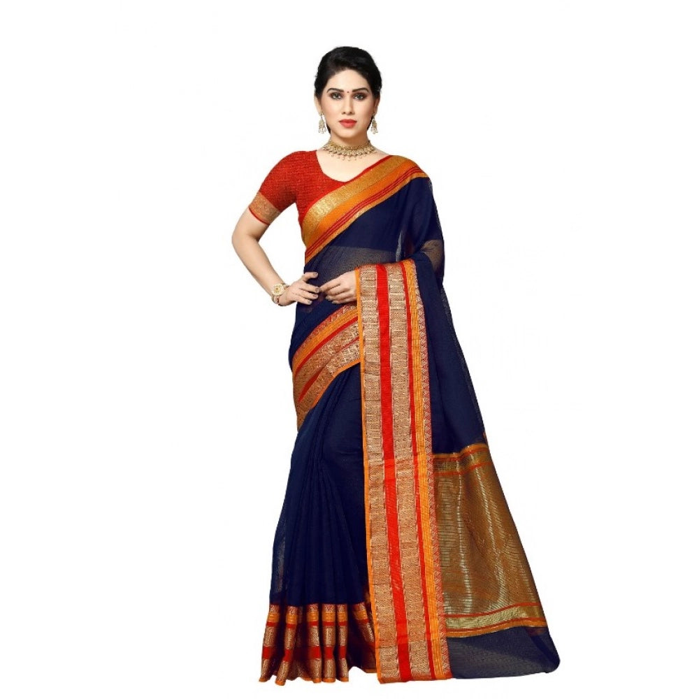 Snuggle Spot Women's Kota Doria Cotton Border Saree With Blouse (Navy Blue, 5-6 Mtrs)