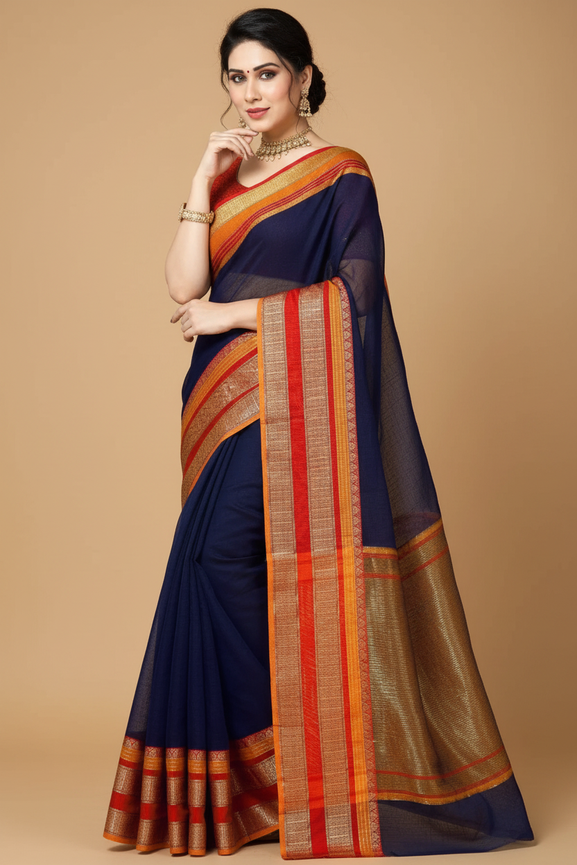Snuggle Spot Women's Kota Doria Cotton Border Saree With Blouse (Navy Blue, 5-6 Mtrs)