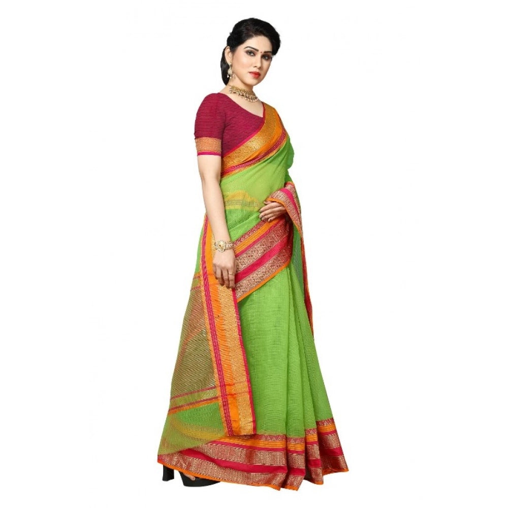 Snuggle Spot Women's Kota Doria Cotton Border Saree With Blouse (Light Green, 5-6 Mtrs)