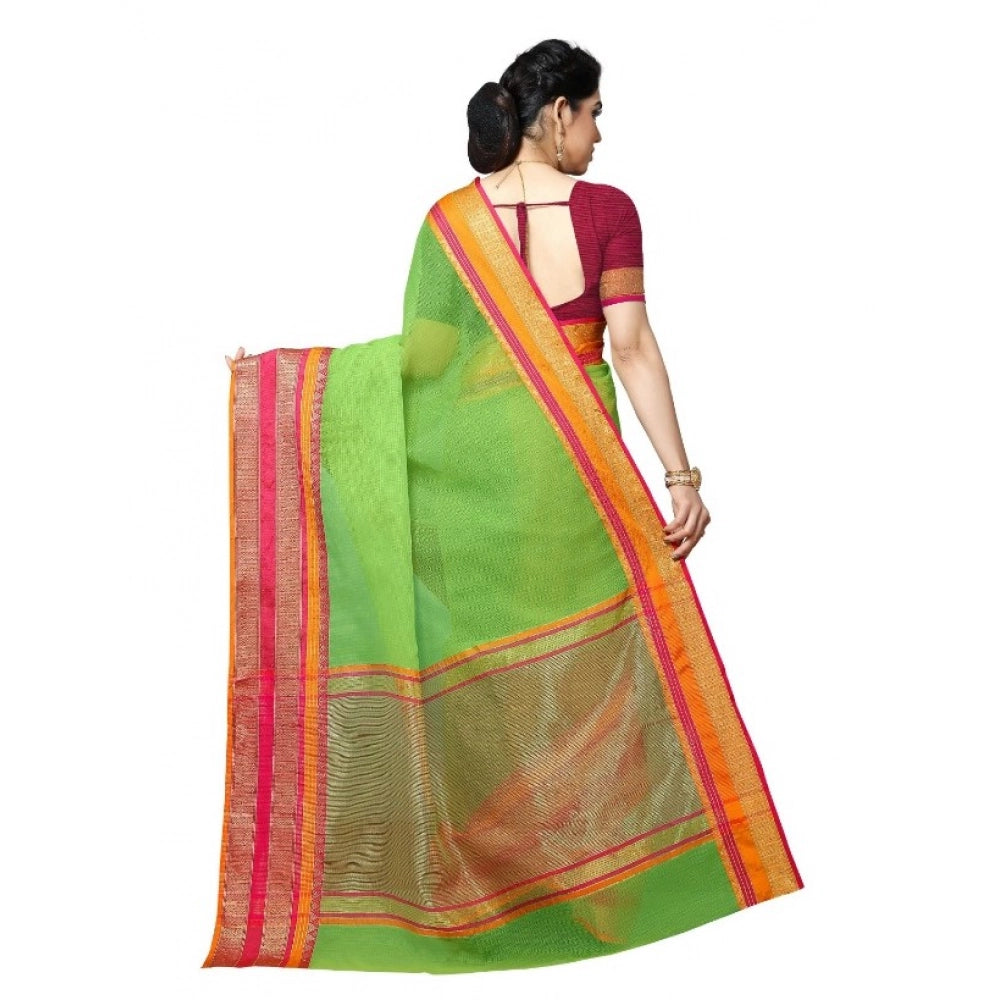 Snuggle Spot Women's Kota Doria Cotton Border Saree With Blouse (Light Green, 5-6 Mtrs)