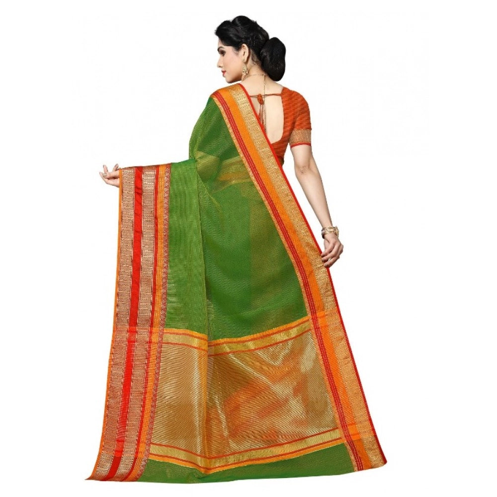 Snuggle Spot Women's Kota Doria Cotton Border Saree With Blouse (Green, 5-6 Mtrs)
