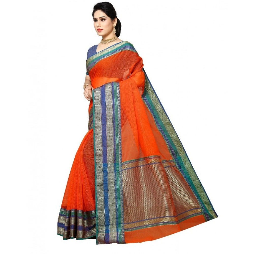 Snuggle Spot Women's Kota Doria Cotton Border Saree With Blouse (Fanta, 5-6 Mtrs)
