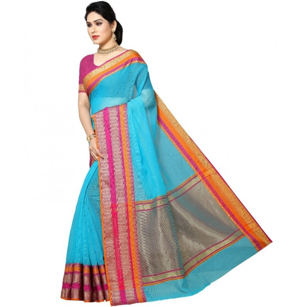 Snuggle Spot Women's Kota Doria Cotton Border Saree With Blouse (Sky Blue, 5-6 Mtrs)