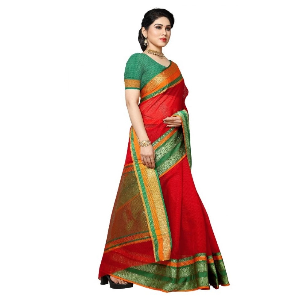 Snuggle Spot Women's Kota Doria Cotton Border Saree With Blouse (Red, 5-6 Mtrs)