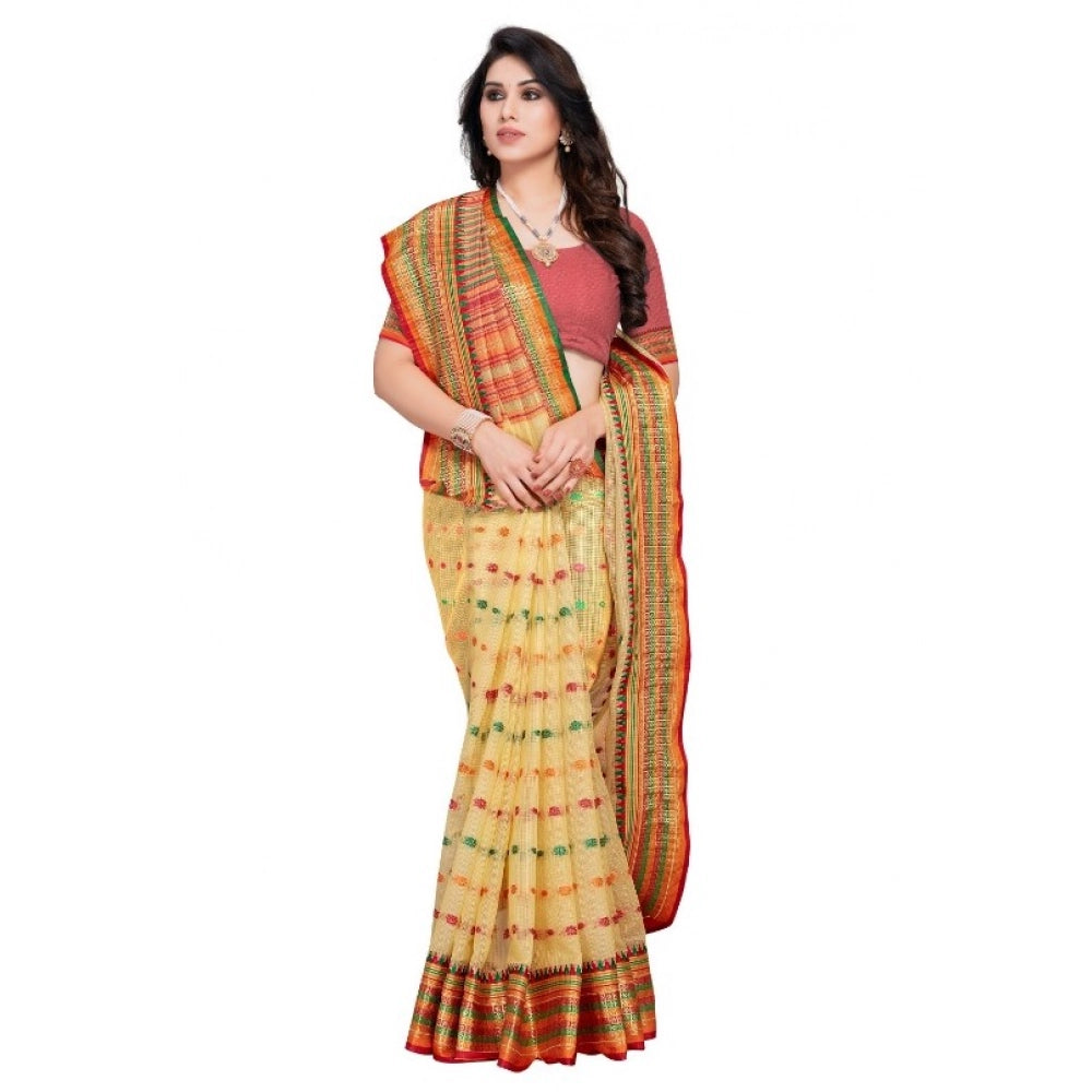 Snuggle Spot Women's Kota Doria Cotton Woven Butta Saree With Blouse (Beige, 5-6 Mtrs)