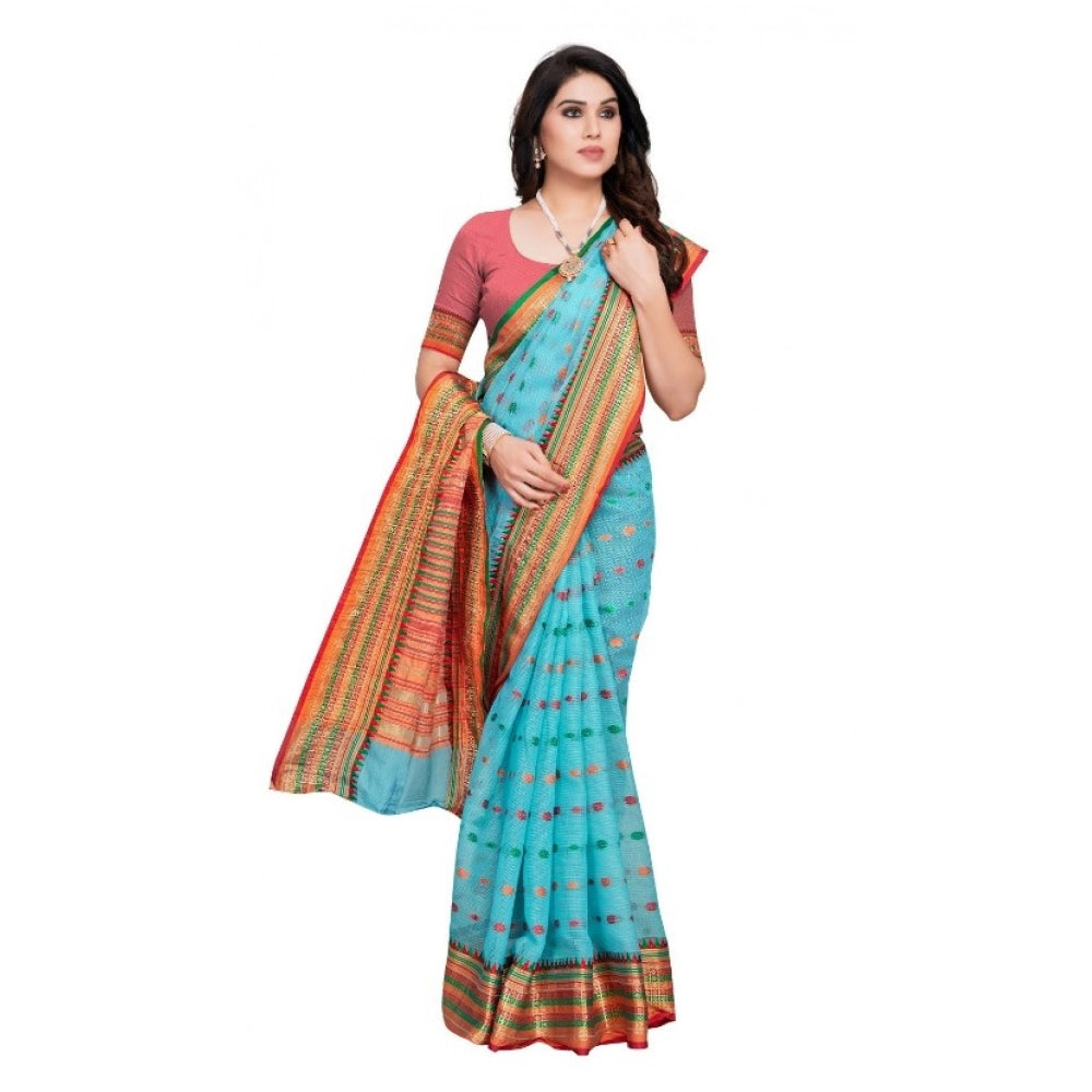 Snuggle Spot Women's Kota Doria Cotton Woven Butta Saree With Blouse (Sky Blue, 5-6 Mtrs)