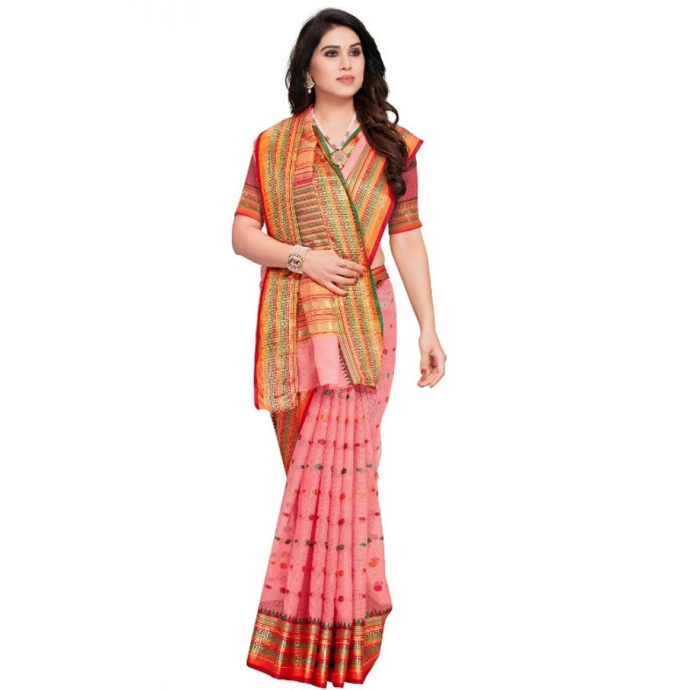 Snuggle Spot Women's Kota Doria Cotton Woven Butta Saree With Blouse (Pink, 5-6 Mtrs)