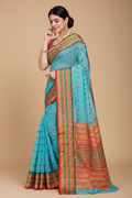 Snuggle Spot Women's Kota Doria Cotton Woven Butta Saree With Blouse (Sky Blue, 5-6 Mtrs)