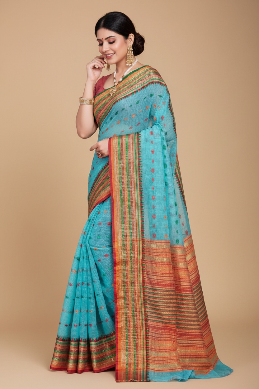 Snuggle Spot Women's Kota Doria Cotton Woven Butta Saree With Blouse (Sky Blue, 5-6 Mtrs)
