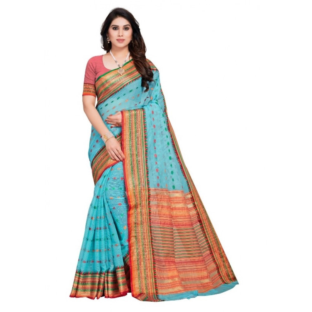 Snuggle Spot Women's Kota Doria Cotton Woven Butta Saree With Blouse (Sky Blue, 5-6 Mtrs)