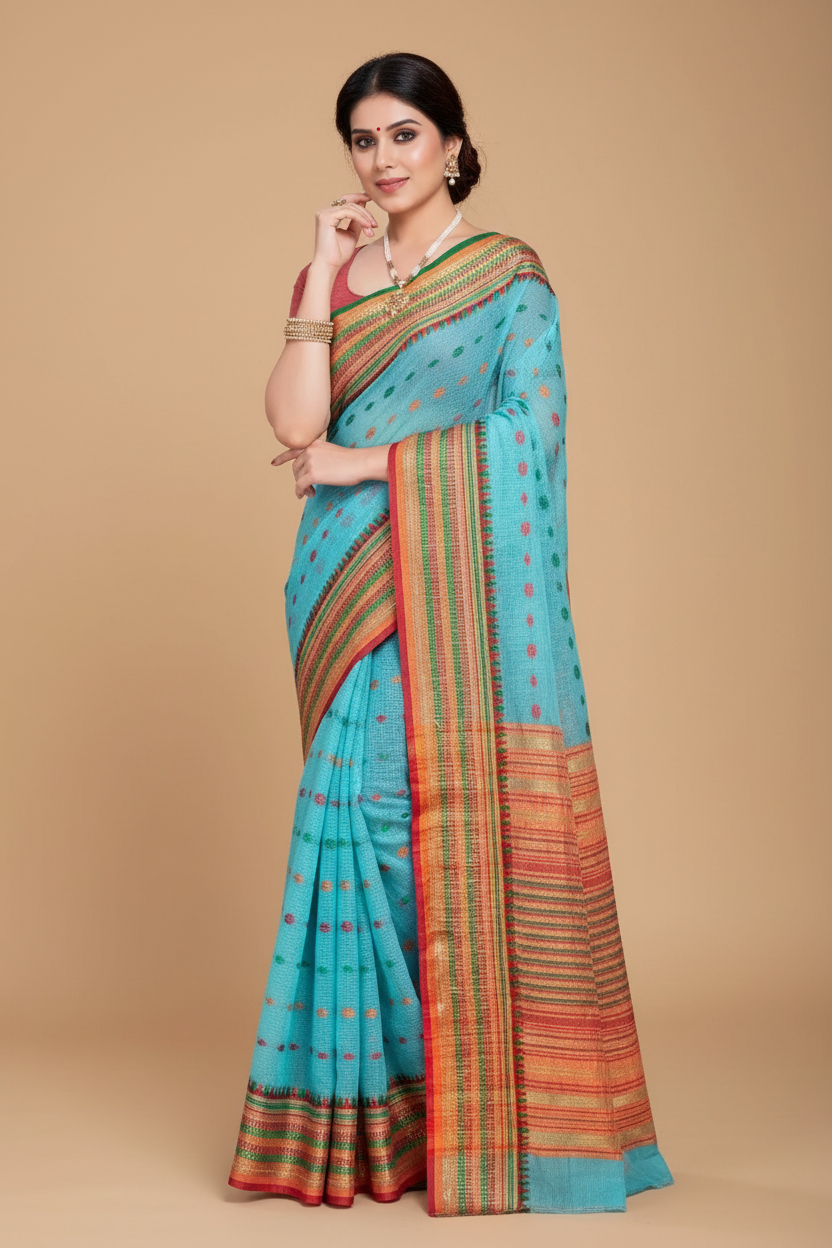Snuggle Spot Women's Kota Doria Cotton Woven Butta Saree With Blouse (Sky Blue, 5-6 Mtrs)