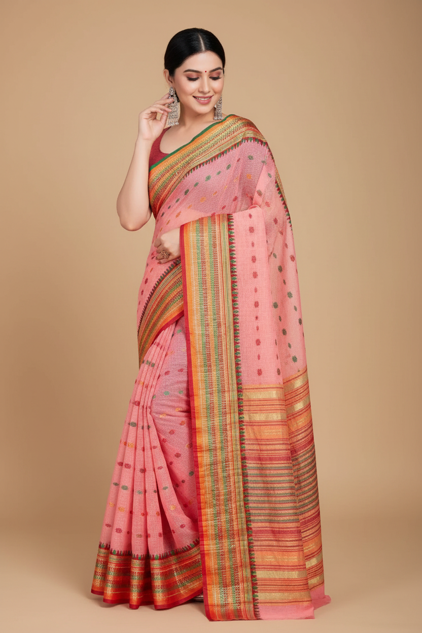 Snuggle Spot Women's Kota Doria Cotton Woven Butta Saree With Blouse (Pink, 5-6 Mtrs)
