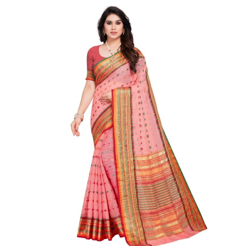 Snuggle Spot Women's Kota Doria Cotton Woven Butta Saree With Blouse (Pink, 5-6 Mtrs)
