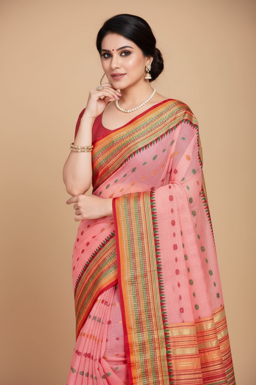 Snuggle Spot Women's Kota Doria Cotton Woven Butta Saree With Blouse (Pink, 5-6 Mtrs)