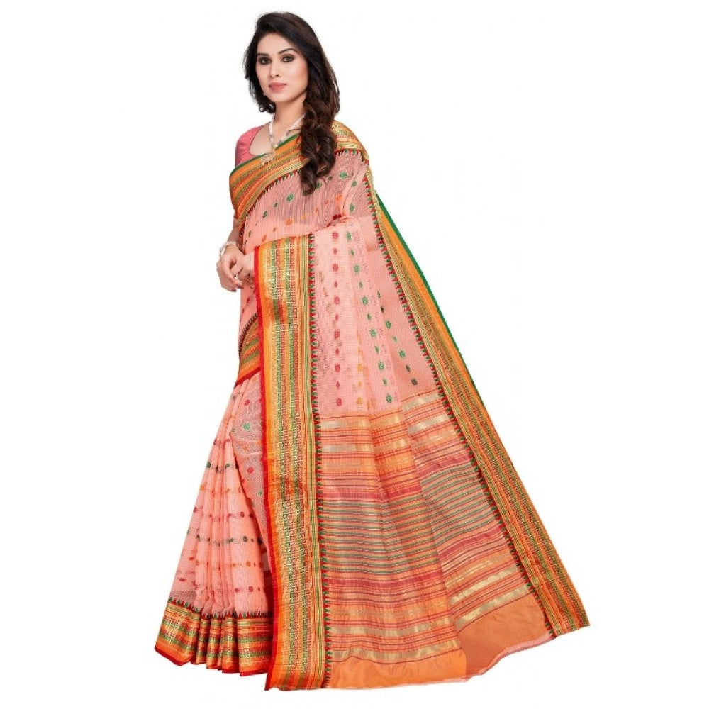 Snuggle Spot Women's Kota Doria Cotton Woven Butta Saree With Blouse (Peach, 5-6 Mtrs)