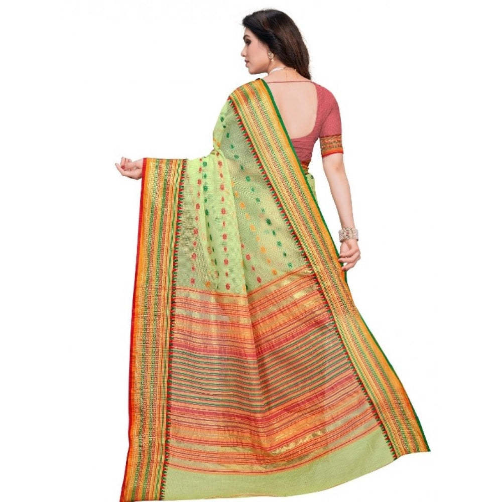 Snuggle Spot Women's Kota Doria Cotton Woven Butta Saree With Blouse (Light Green, 5-6 Mtrs)