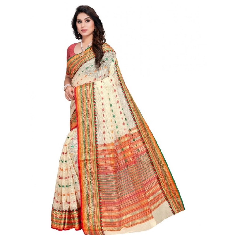 Snuggle Spot Women's Kota Doria Cotton Woven Butta Saree With Blouse (Cream, 5-6 Mtrs)