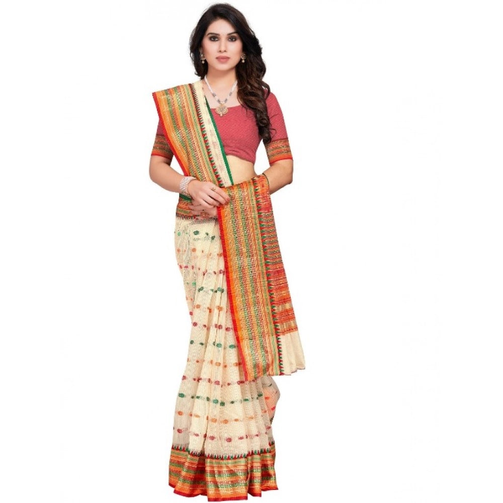 Snuggle Spot Women's Kota Doria Cotton Woven Butta Saree With Blouse (Cream, 5-6 Mtrs)