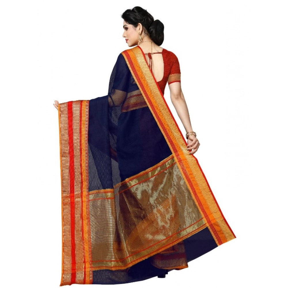 Snuggle Spot Women's Kota Doria Cotton Border Saree With Blouse (Navy Blue, 5-6 Mtrs)