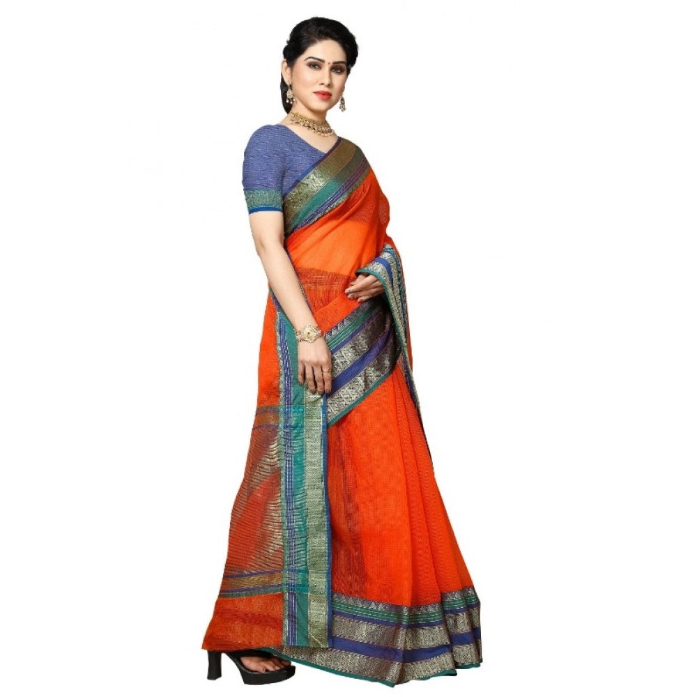 Snuggle Spot Women's Kota Doria Cotton Border Saree With Blouse (Fanta, 5-6 Mtrs)