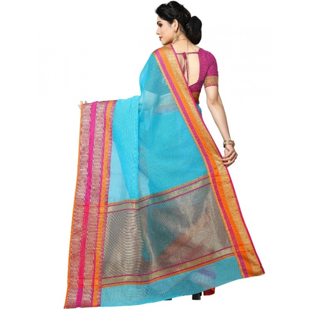 Snuggle Spot Women's Kota Doria Cotton Border Saree With Blouse (Sky Blue, 5-6 Mtrs)