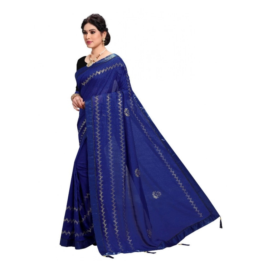Snuggle Spot Women's Vichitra Silk HotFix Stone Work Saree With Blouse (Blue, 5-6 Mtrs)