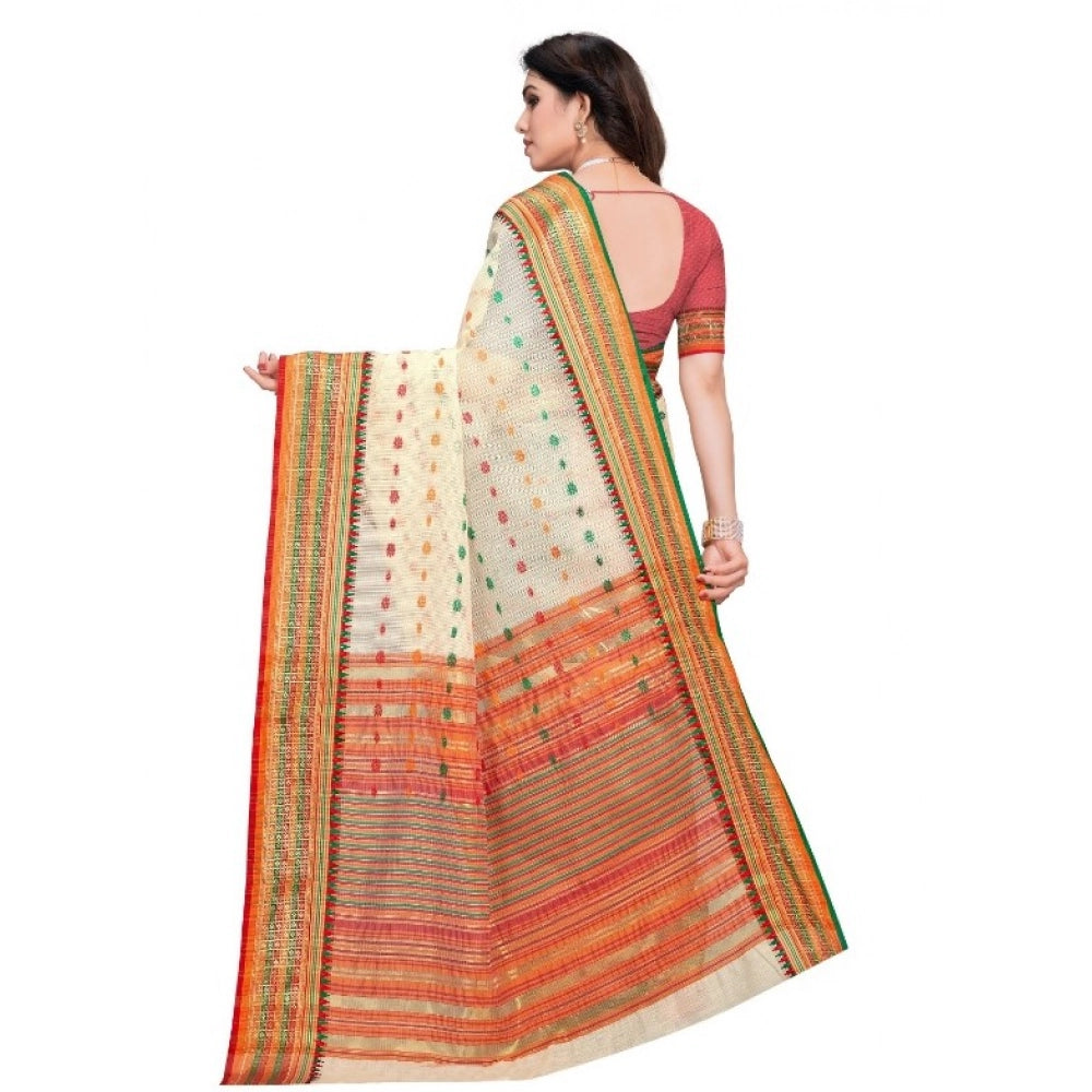 Snuggle Spot Women's Kota Doria Cotton Woven Butta Saree With Blouse (Cream, 5-6 Mtrs)