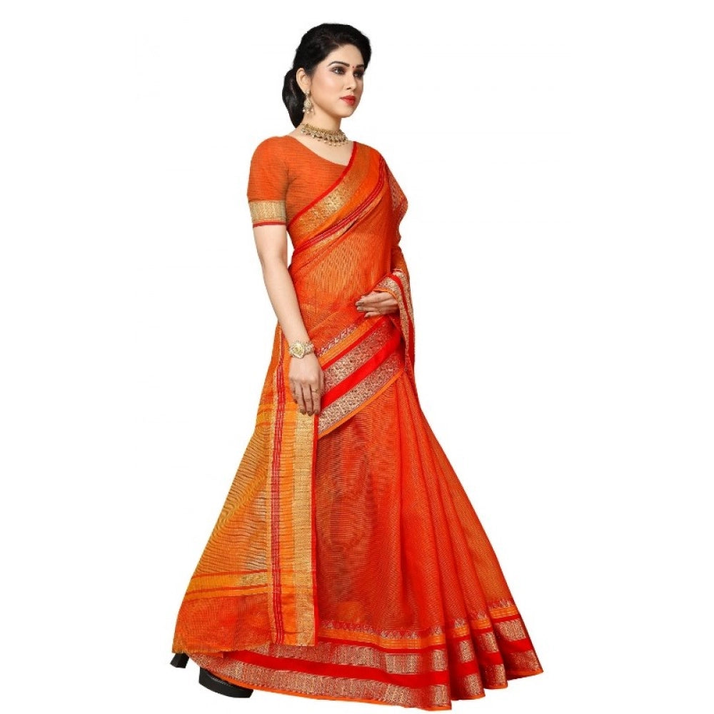 Snuggle Spot Women's Kota Doria Cotton Border Saree With Blouse (Orange, 5-6 Mtrs)