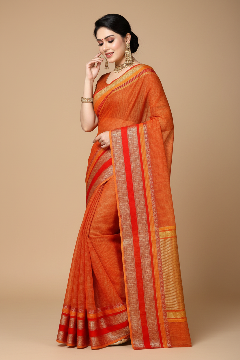 Snuggle Spot Women's Kota Doria Cotton Border Saree With Blouse (Orange, 5-6 Mtrs)