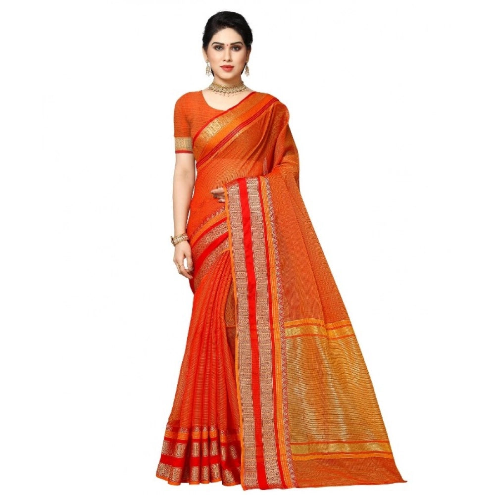 Snuggle Spot Women's Kota Doria Cotton Border Saree With Blouse (Orange, 5-6 Mtrs)