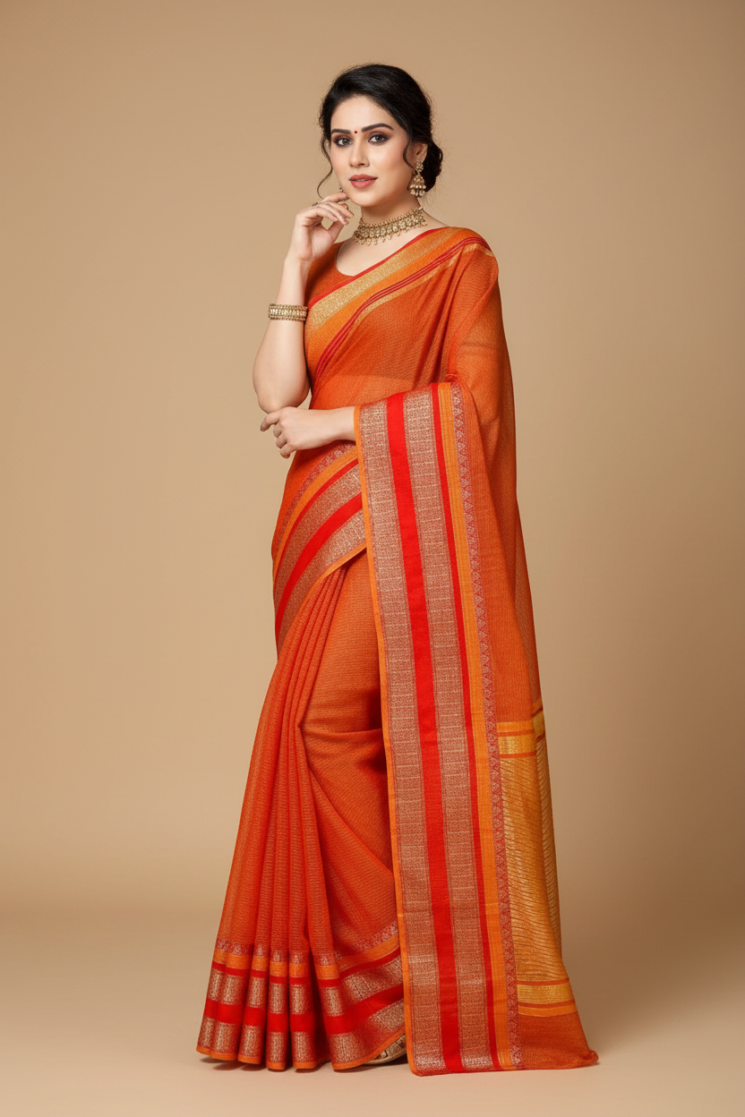 Snuggle Spot Women's Kota Doria Cotton Border Saree With Blouse (Orange, 5-6 Mtrs)